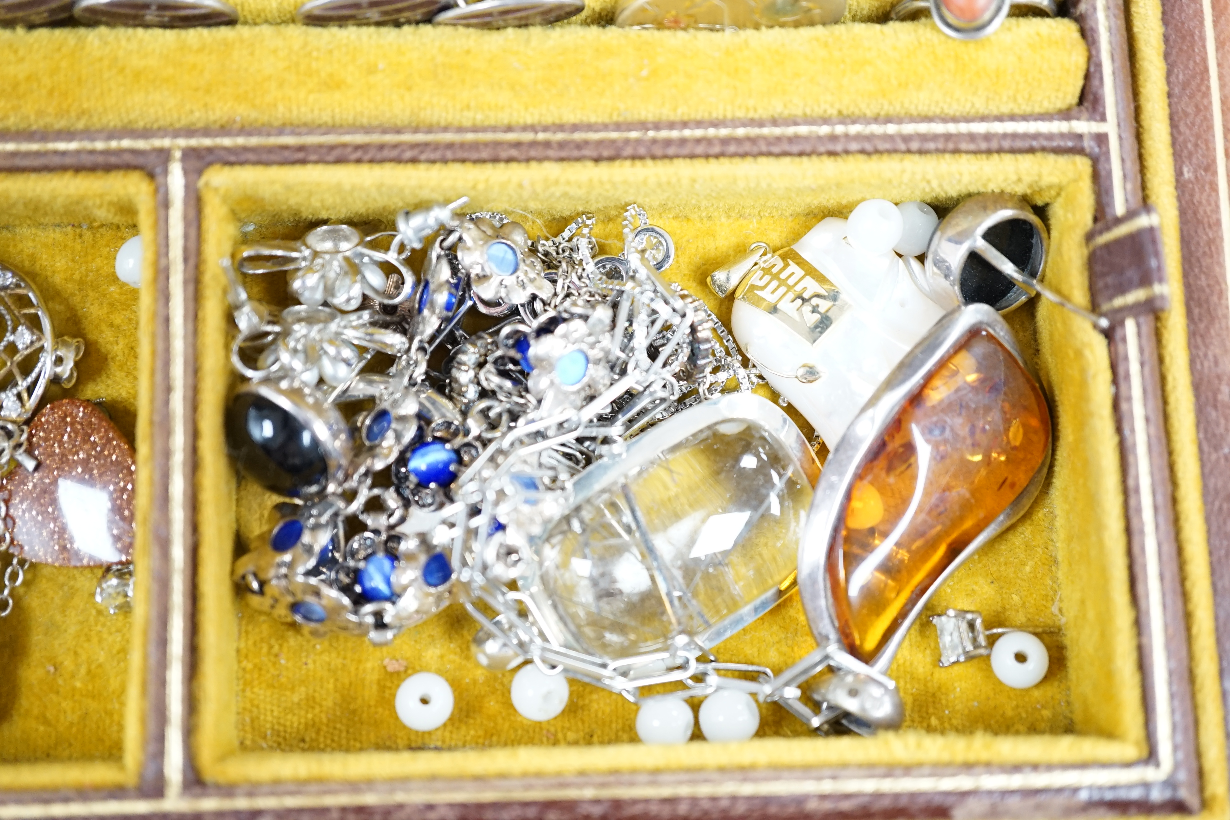A jewellery box of mostly mixed 925, white metal and enamel costume jewellery.